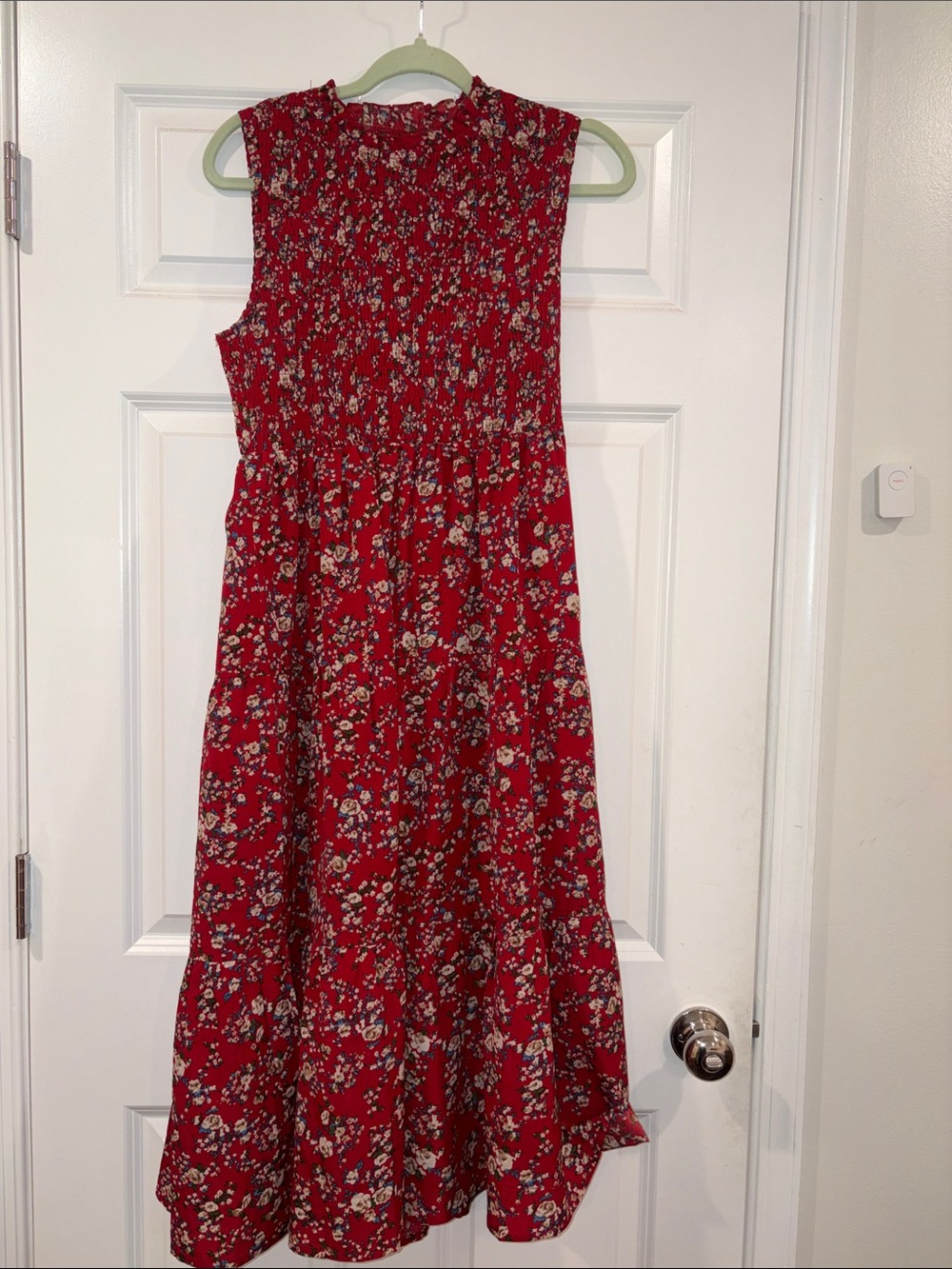 SHEIN Red Floral Dress with Cream & Blue Accents